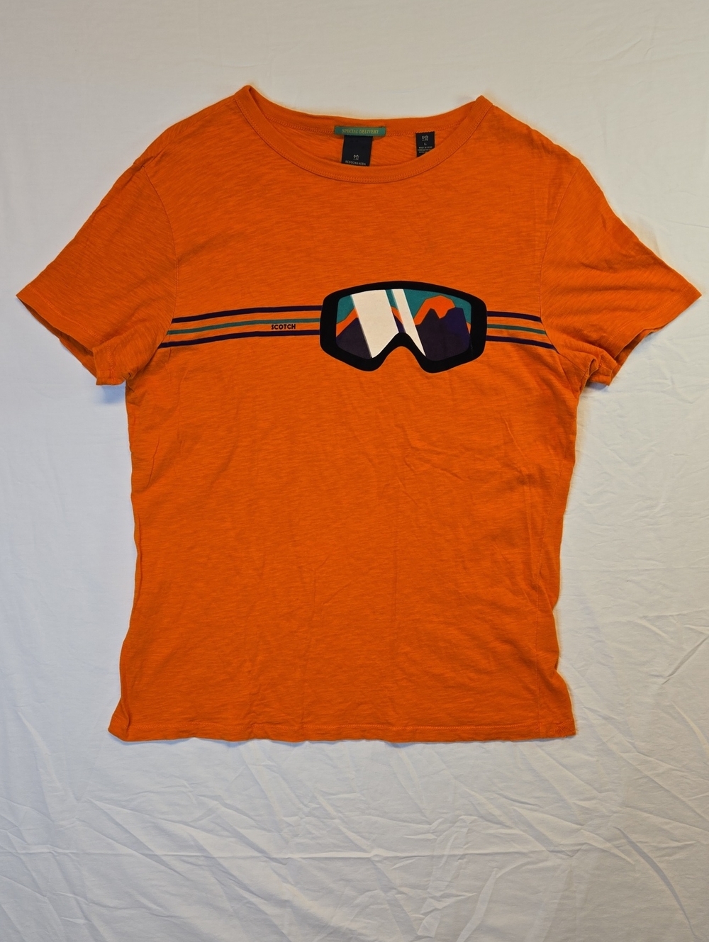 Scotch & Soda Orange Short Sleeve Cotton T-Shirt with Ski Goggle Graphic